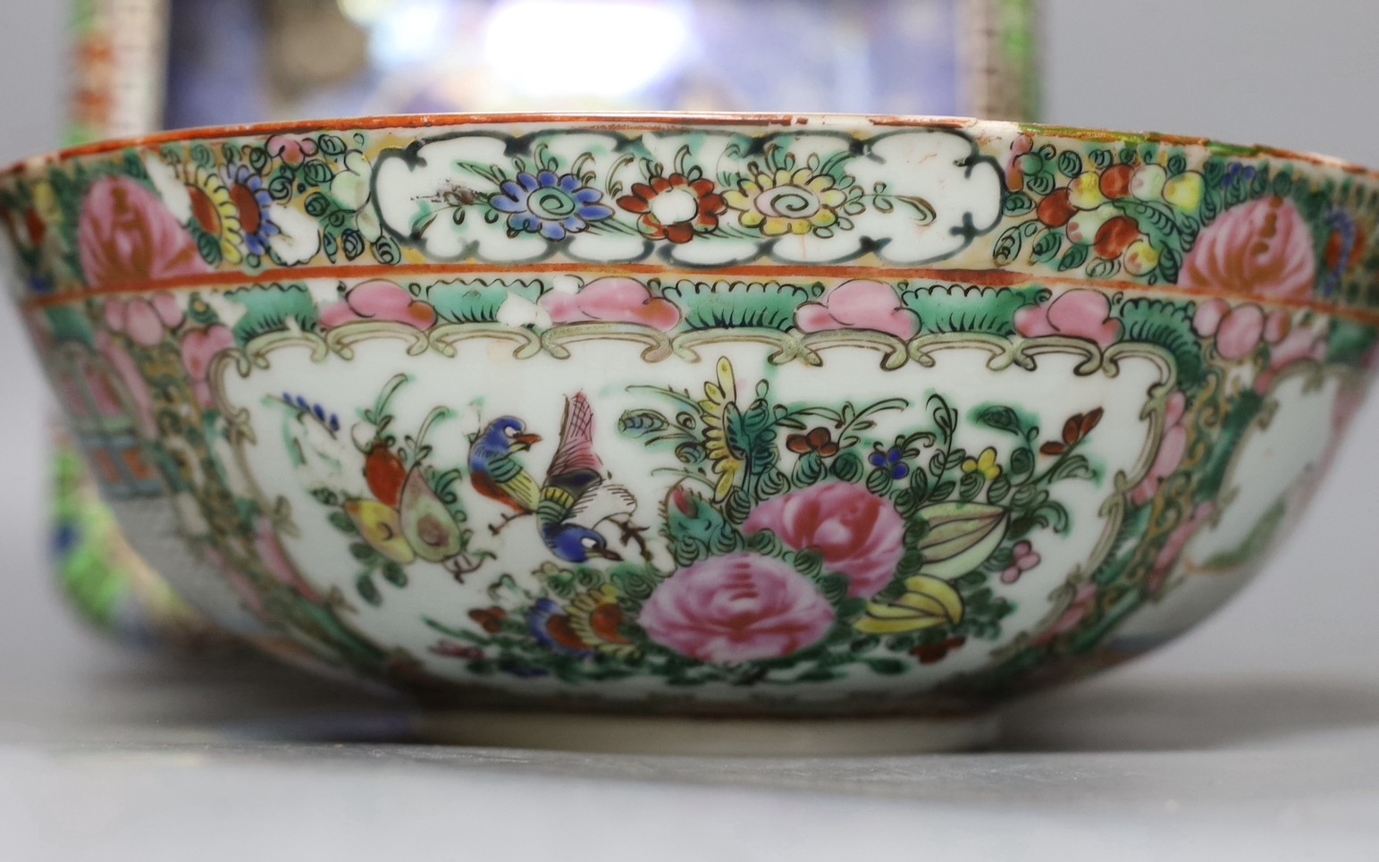A late 19th century Cantonese famille rose bowl, a Royal Winton lustreware, diameter 26cm, together with a Japanese Satsuma twin handled vase, 20.5cm tall